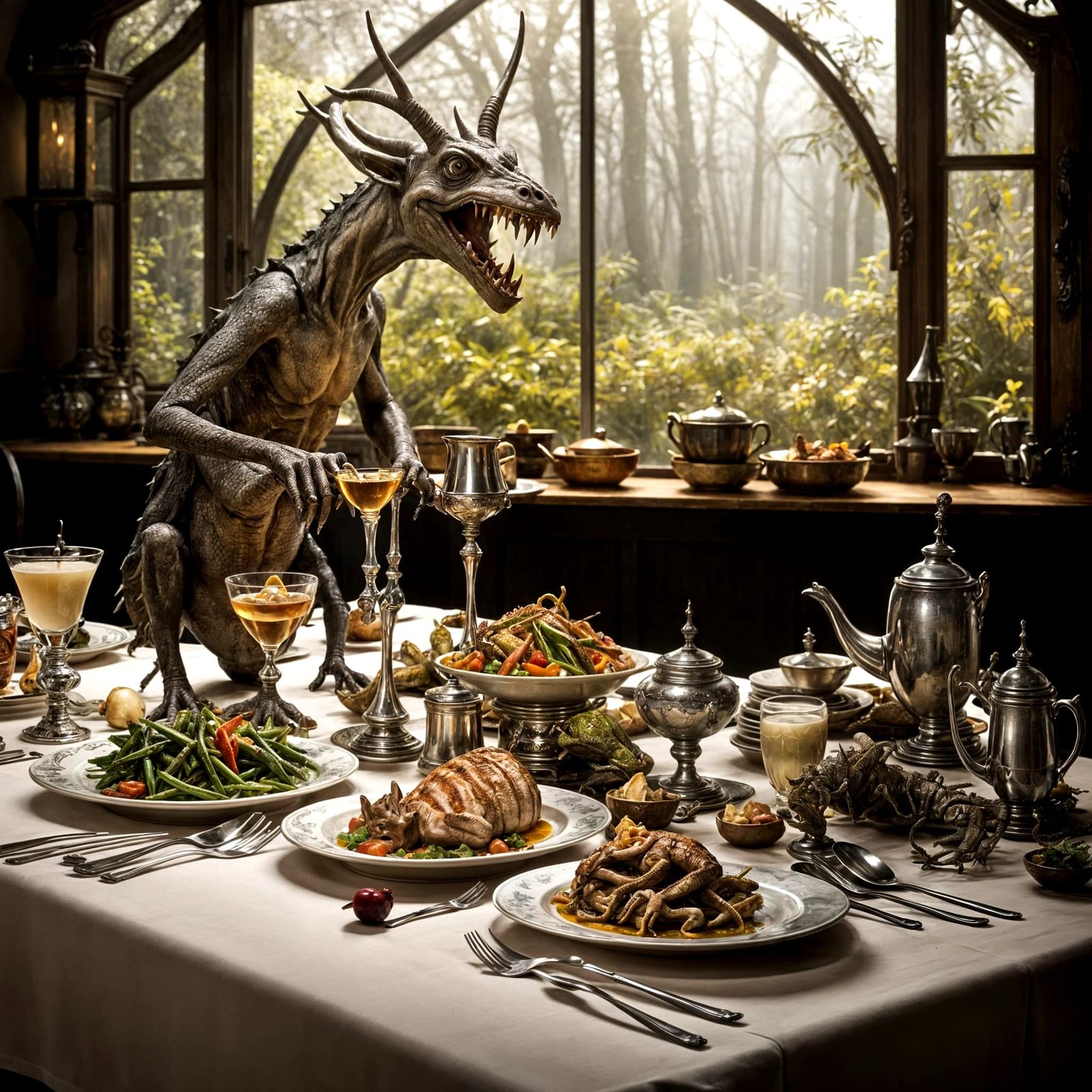 Surreal Restaurant with Bizarre Creatures, Masterpiece Paint...