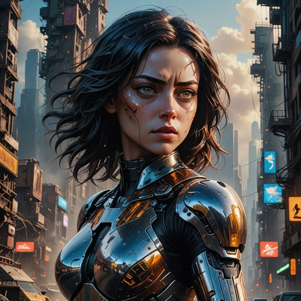 Cyberpunk Warrior in Dystopian Cityscape