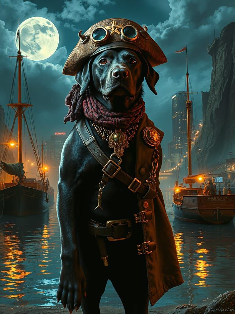 Steampunk Labrador Pirate in Radium-Punk Cityscape