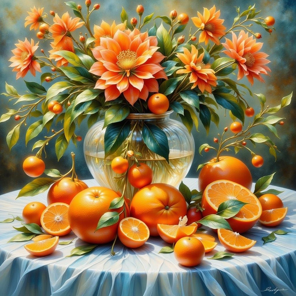 Impressionist Still Life: Oranges and Flowers