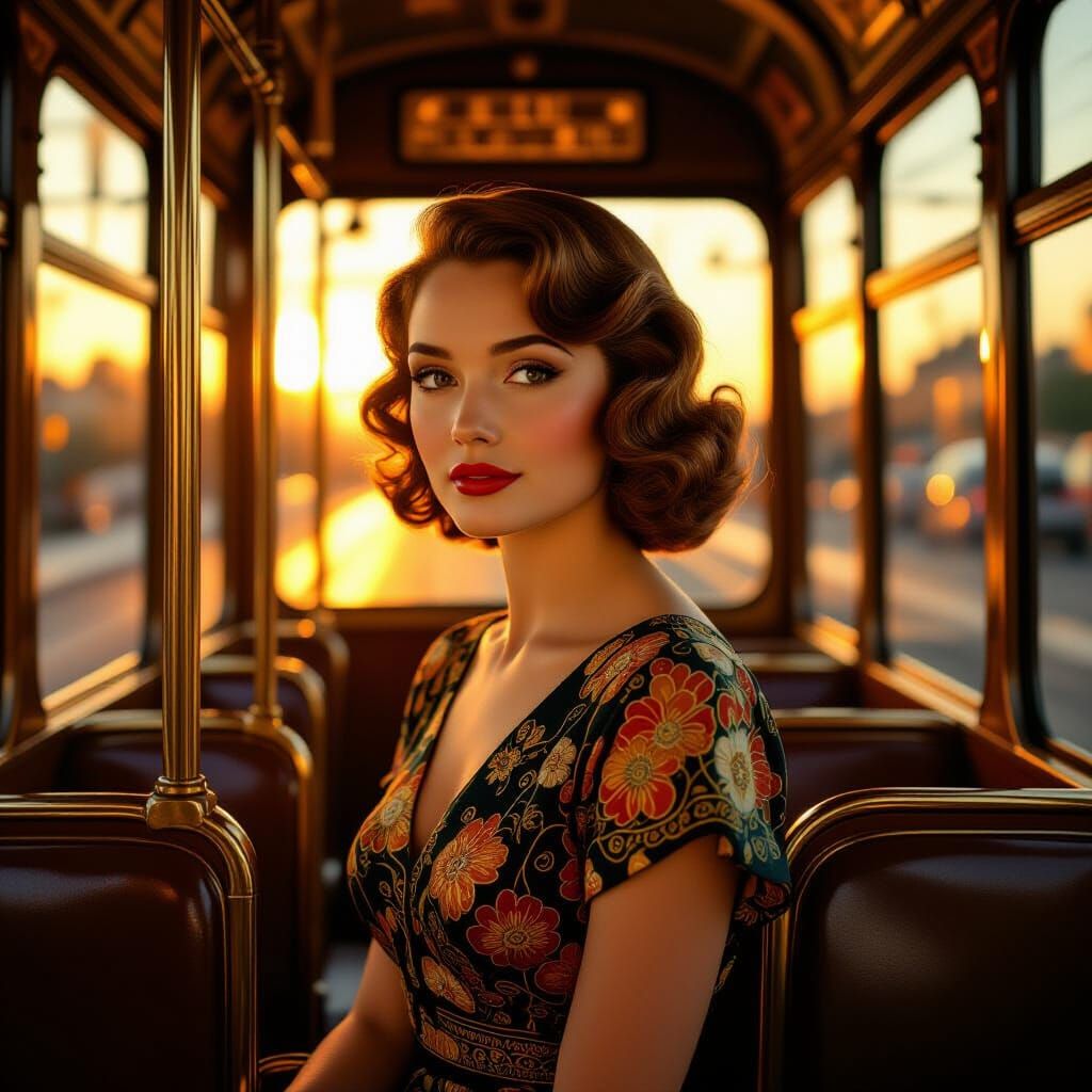 1940s Woman in Tram, Art Nouveau Style