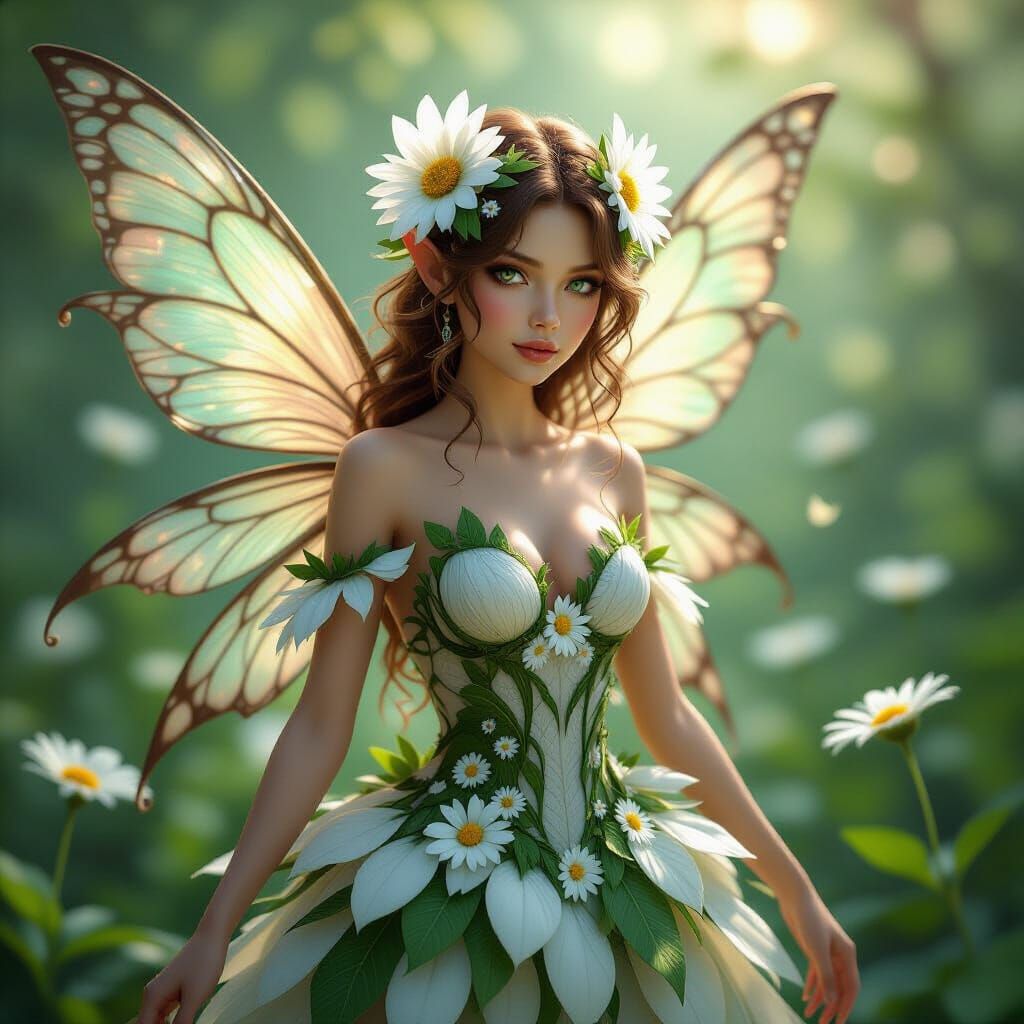 Detailed Fairy with Daisy Flower Vibes and Petal Wings