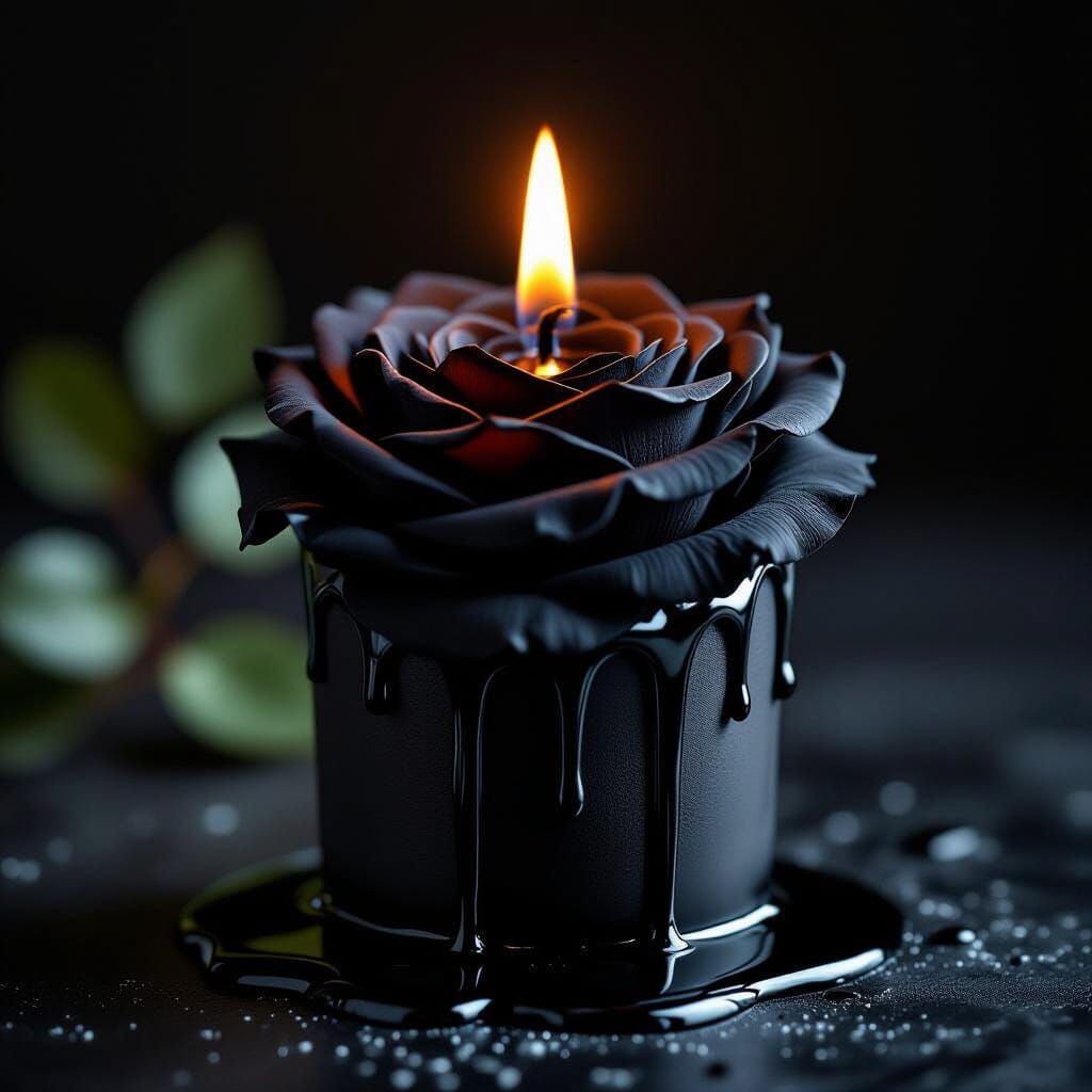 Melting Black Rose Candle with Glowing Flame
