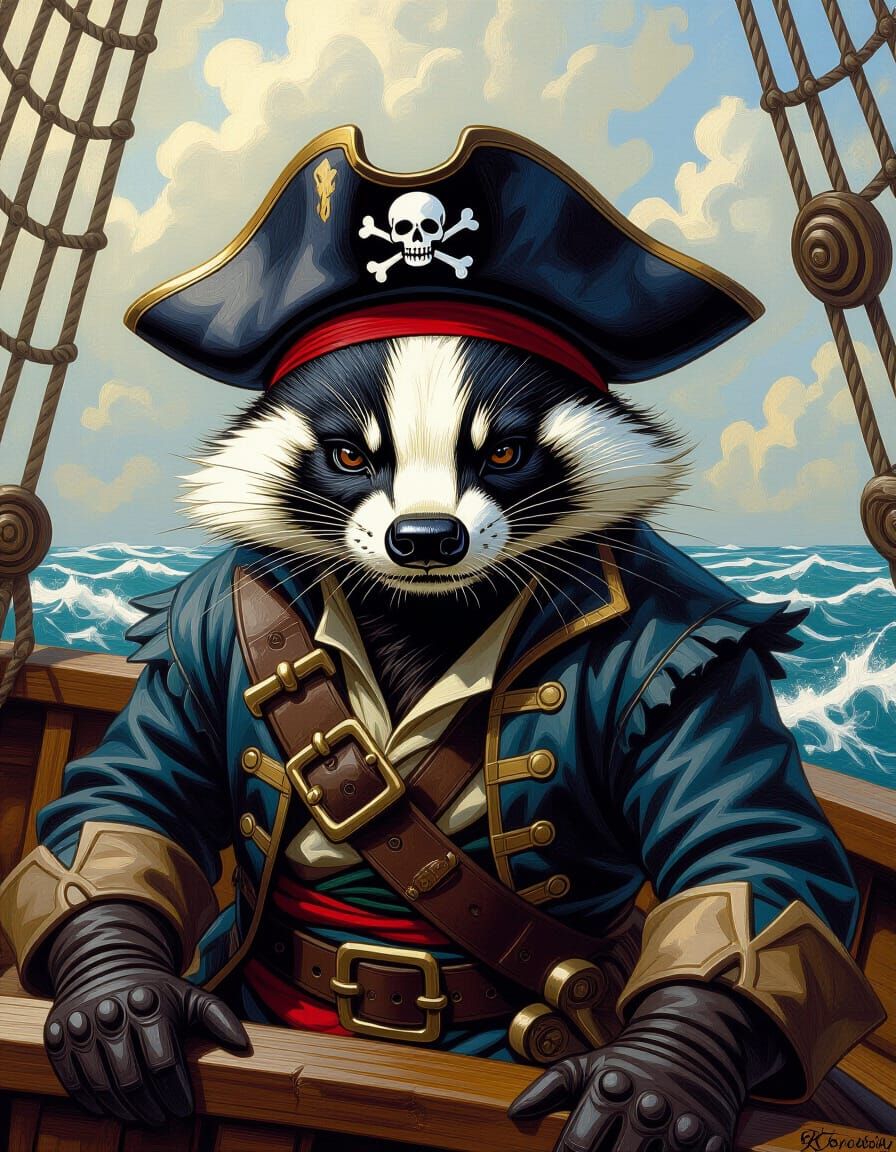 Badger Pirate Portrait in Detailed Comic Book Style