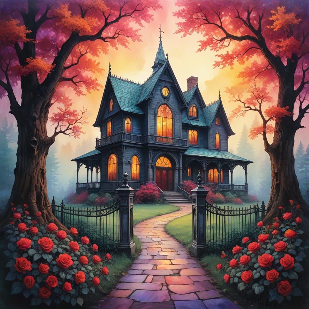 Mysterious Abandoned Manor in a Tapestry of Colors