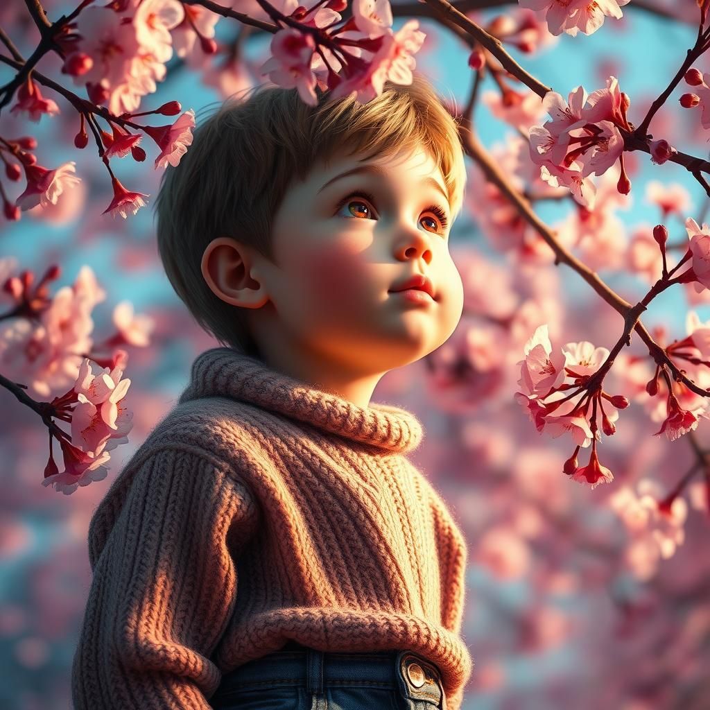 Child Gazing at Cherry Blossoms in Hyper-Realistic Style
