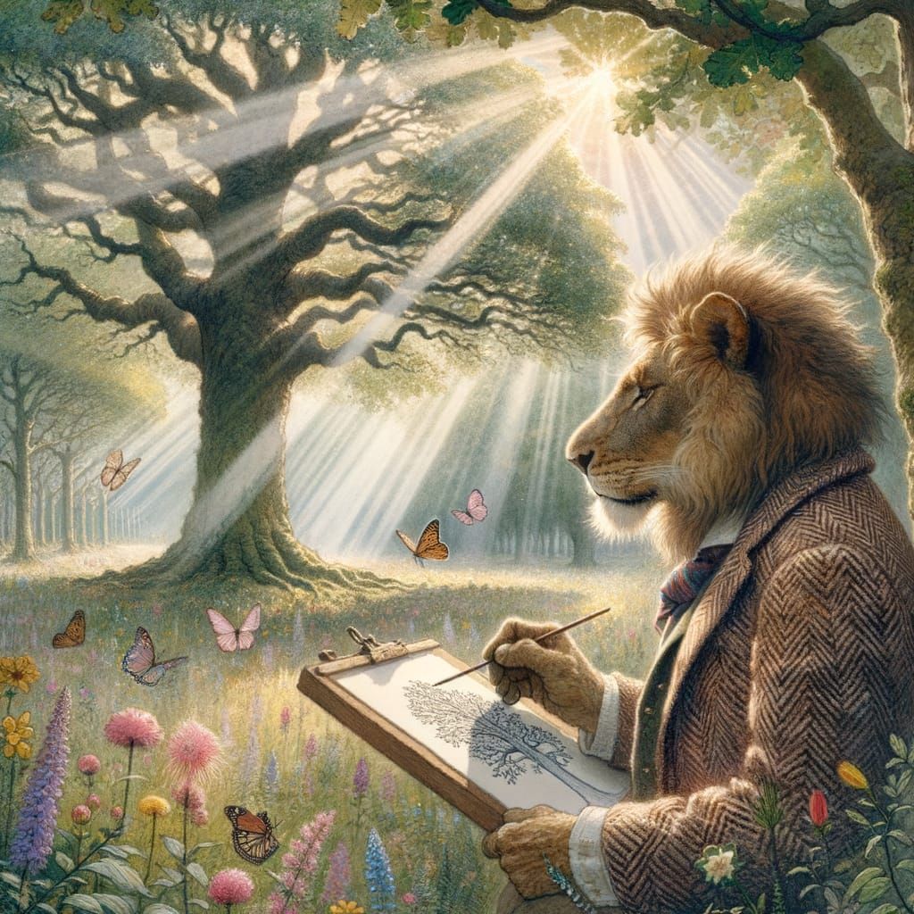Lion Sketching Oak Tree in Forest Clearing Watercolor