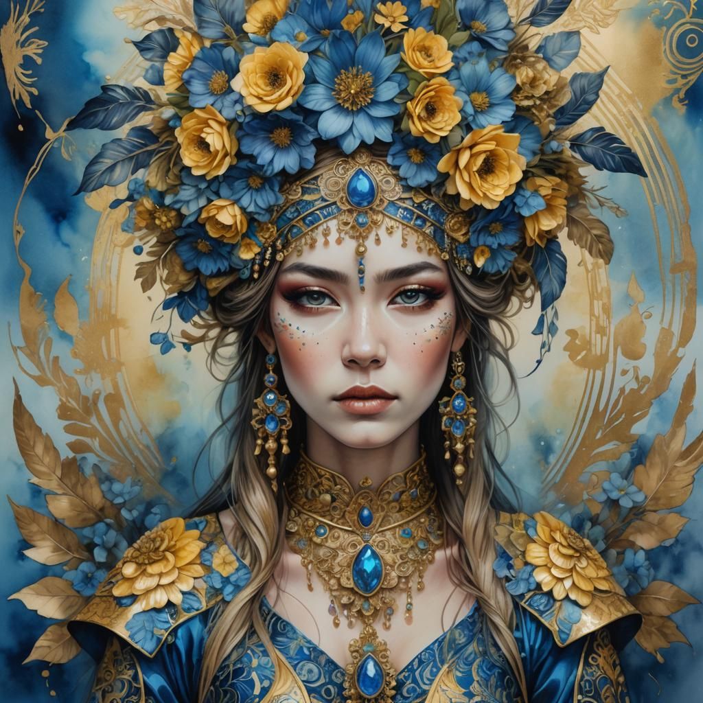 Woman with Floral Headdress in Airbrush Style