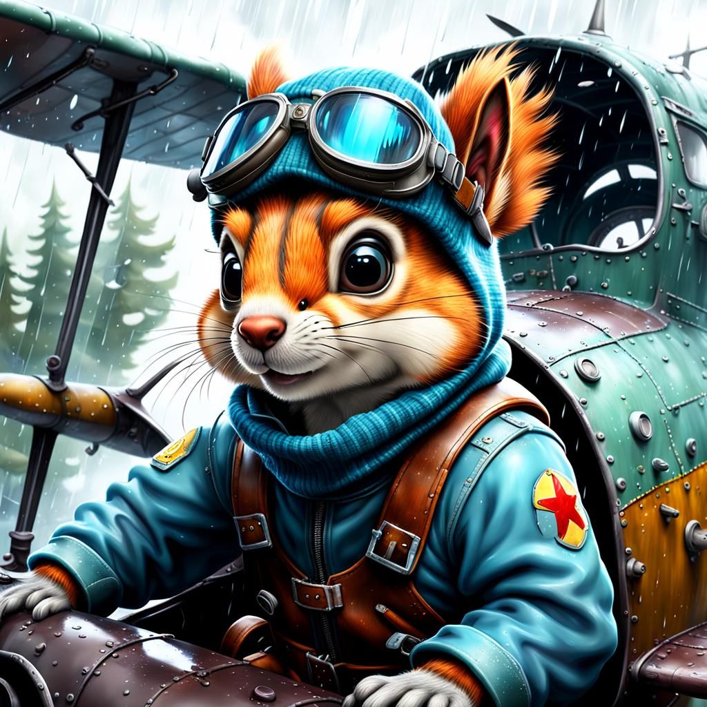 Squirrel Pilot in Airplane on Rainy Day, Disney Style