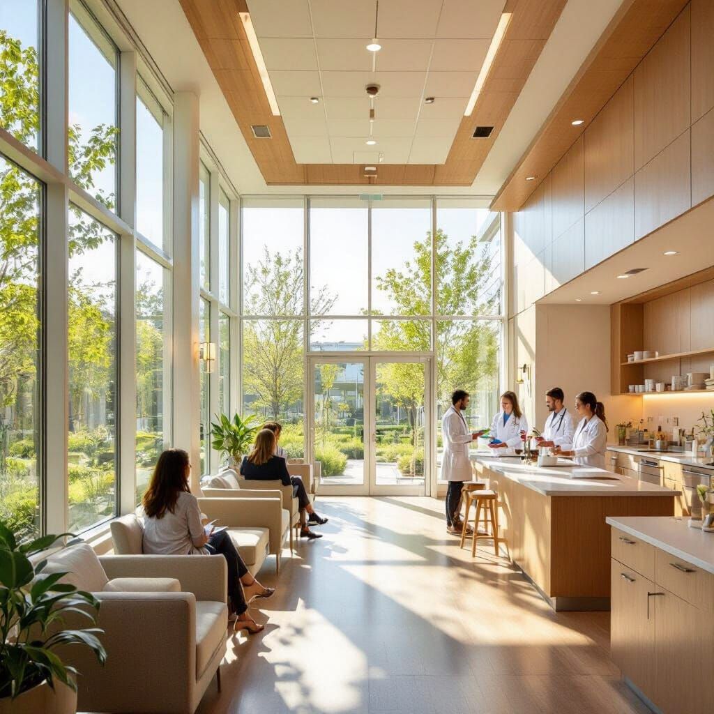 Biophilic Medical Clinic Waiting Area with Healing Garden