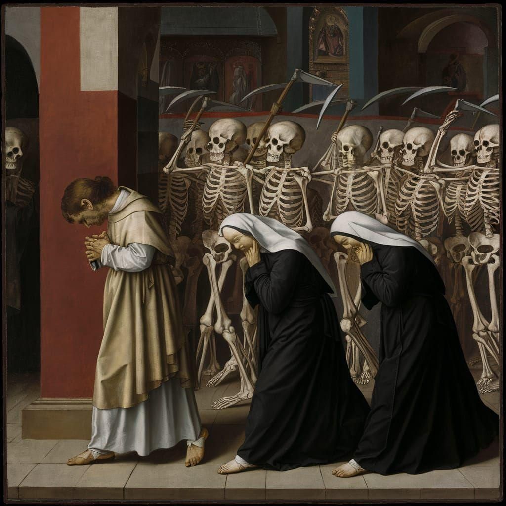 Eerie Fresco: Priest, Nuns, and Skeletons
