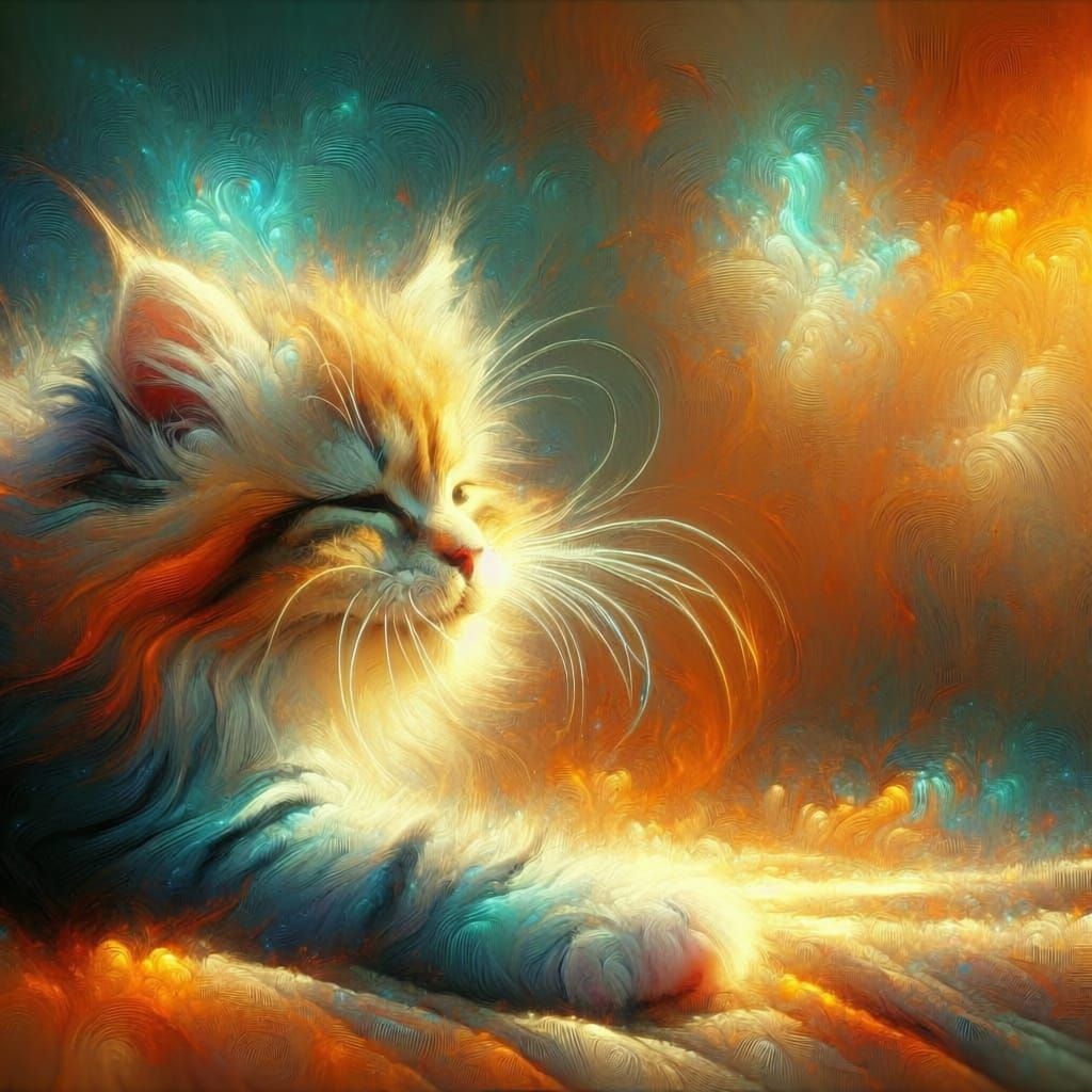 Adorable Fluffy Kitten Purring in Vibrant Folk Art Style