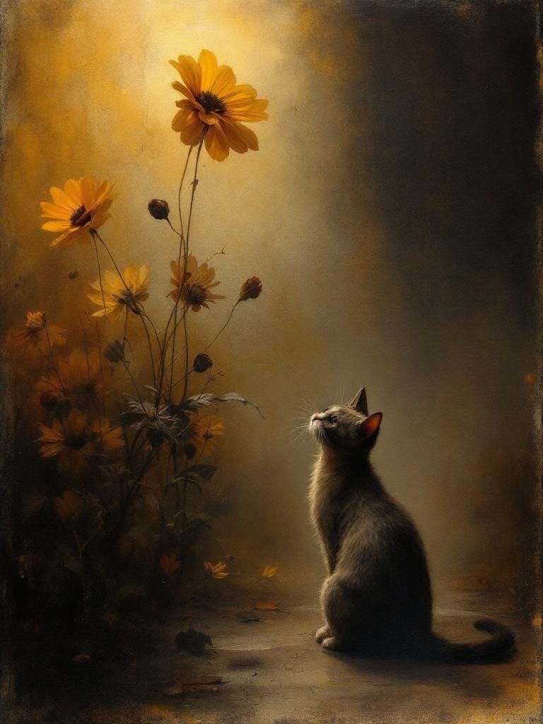 Adorable Cat in Golden Light, Tonalist Atmosphere
