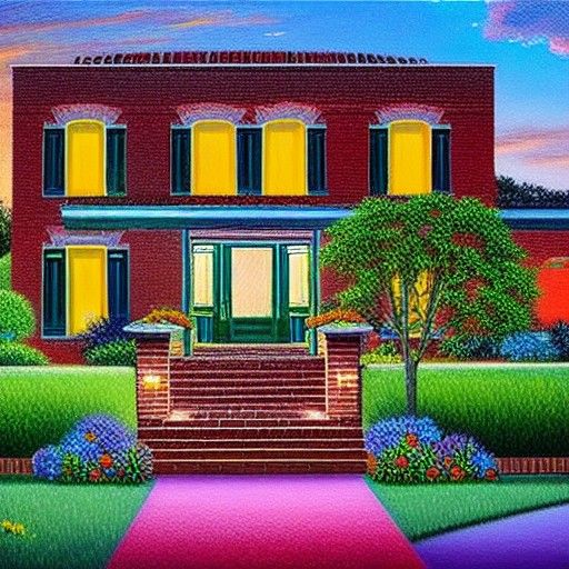Brick Home with Neon Garden: Oil Painting