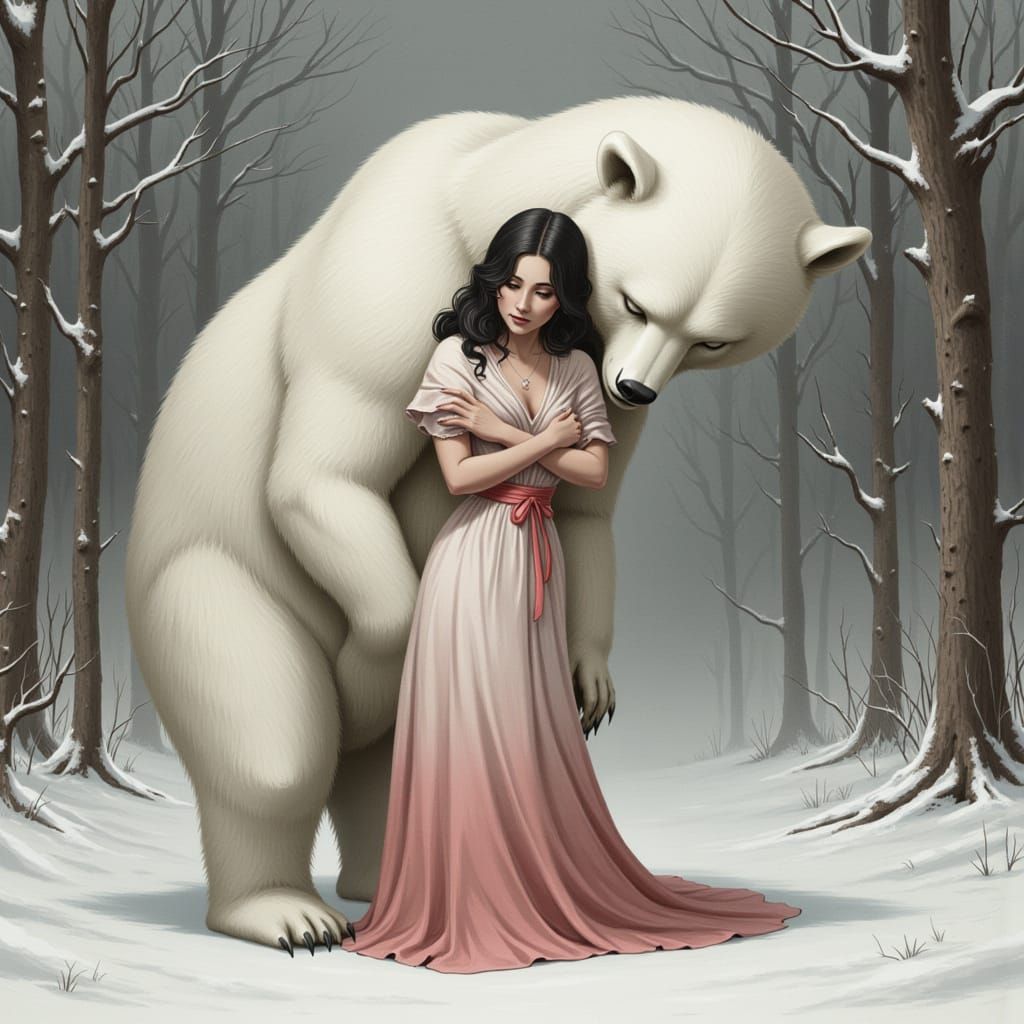 Woman and White Bear Fantasy Art as Gothic Oil Painting
