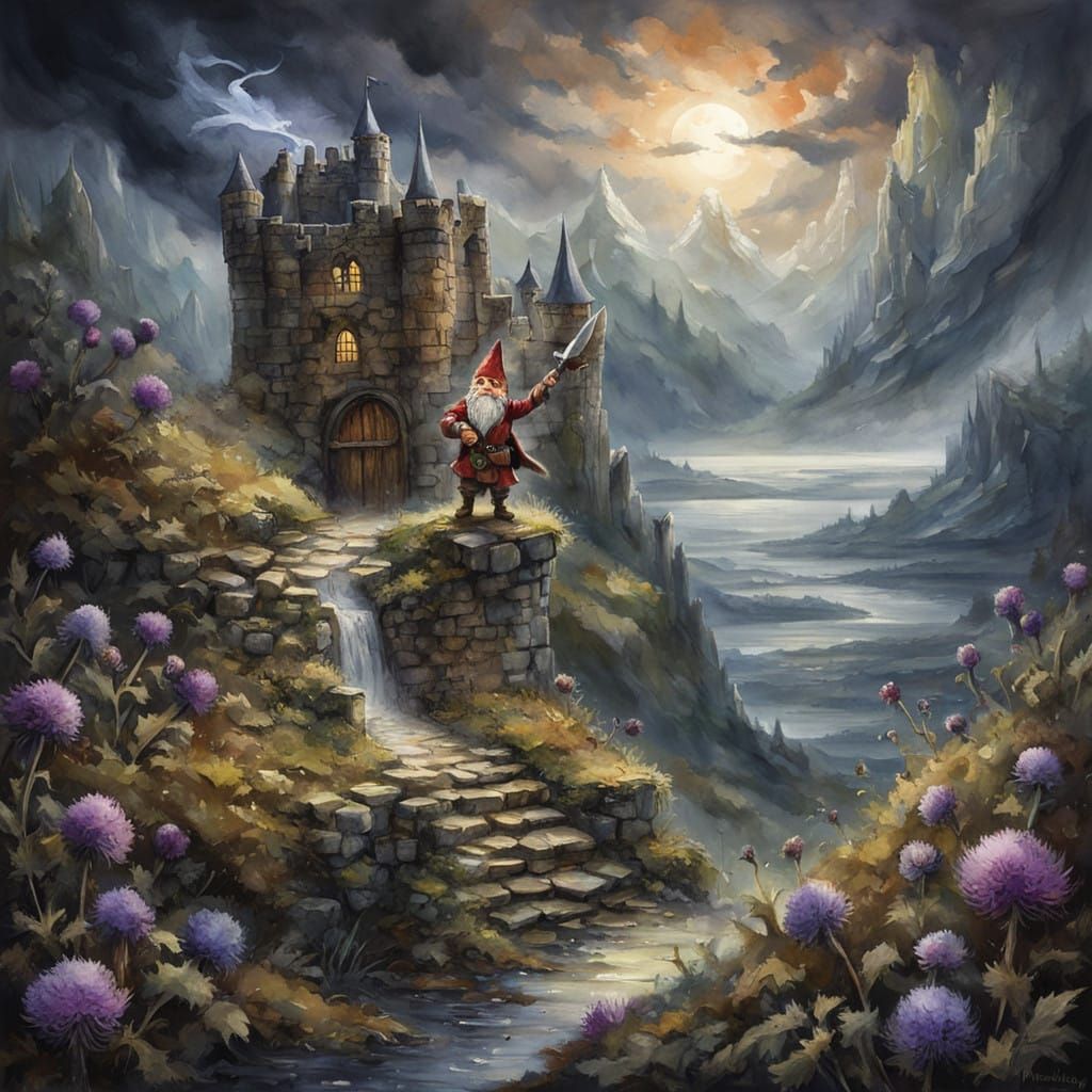 Whimsical Scottish Castle Scene with Gnome