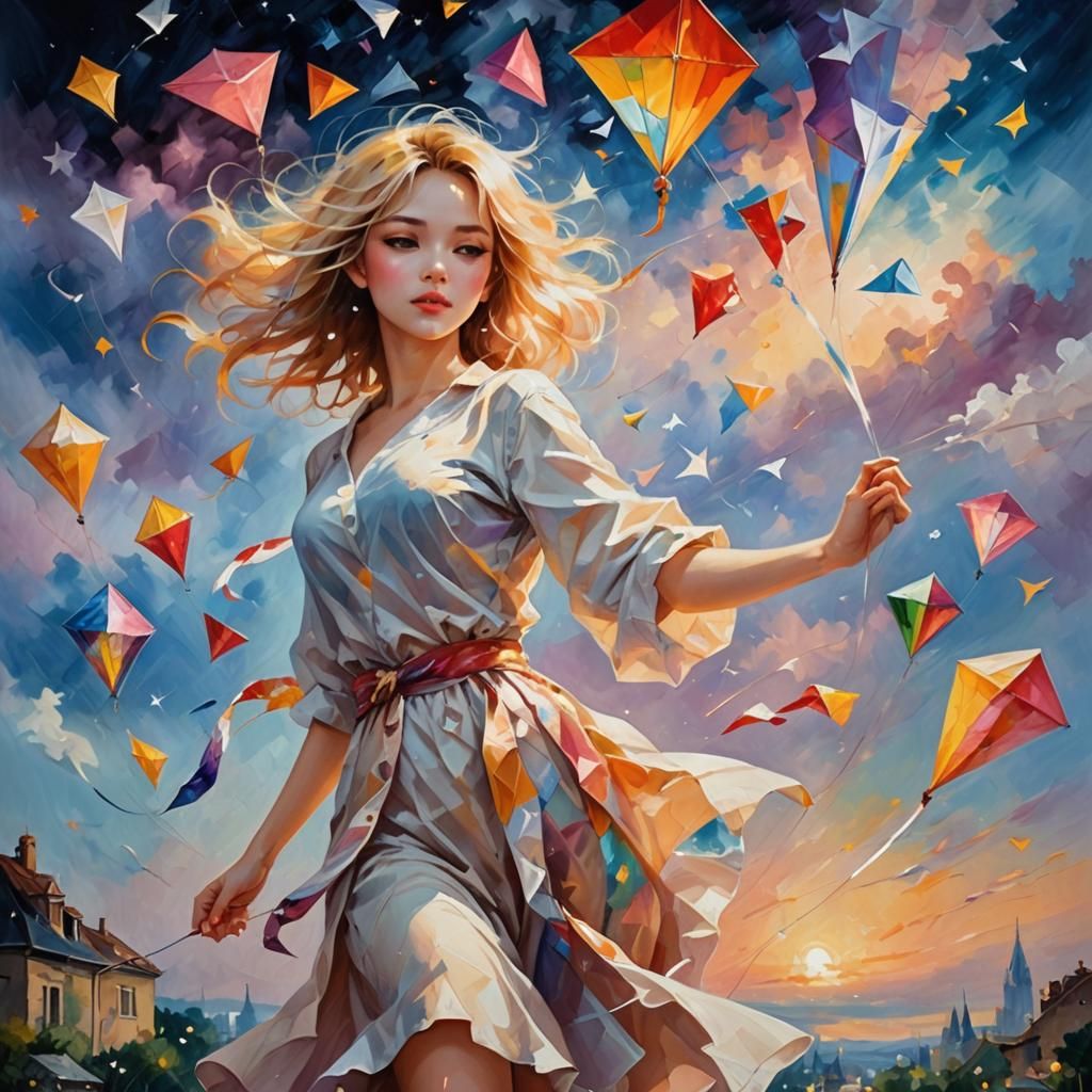 Beautiful Woman with Kites: Anime Art Impasto Painting