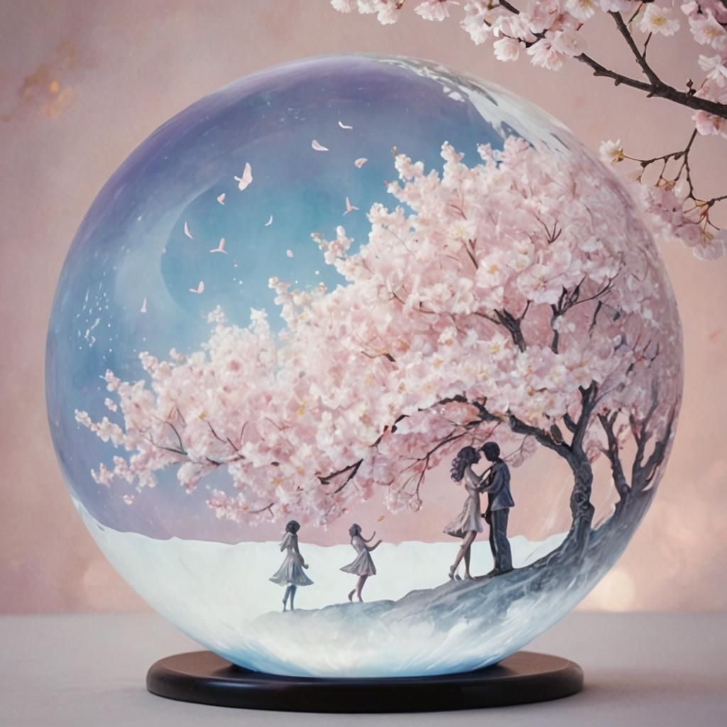 Romantic Kiss Inside Cherry Blossom Snow Globe