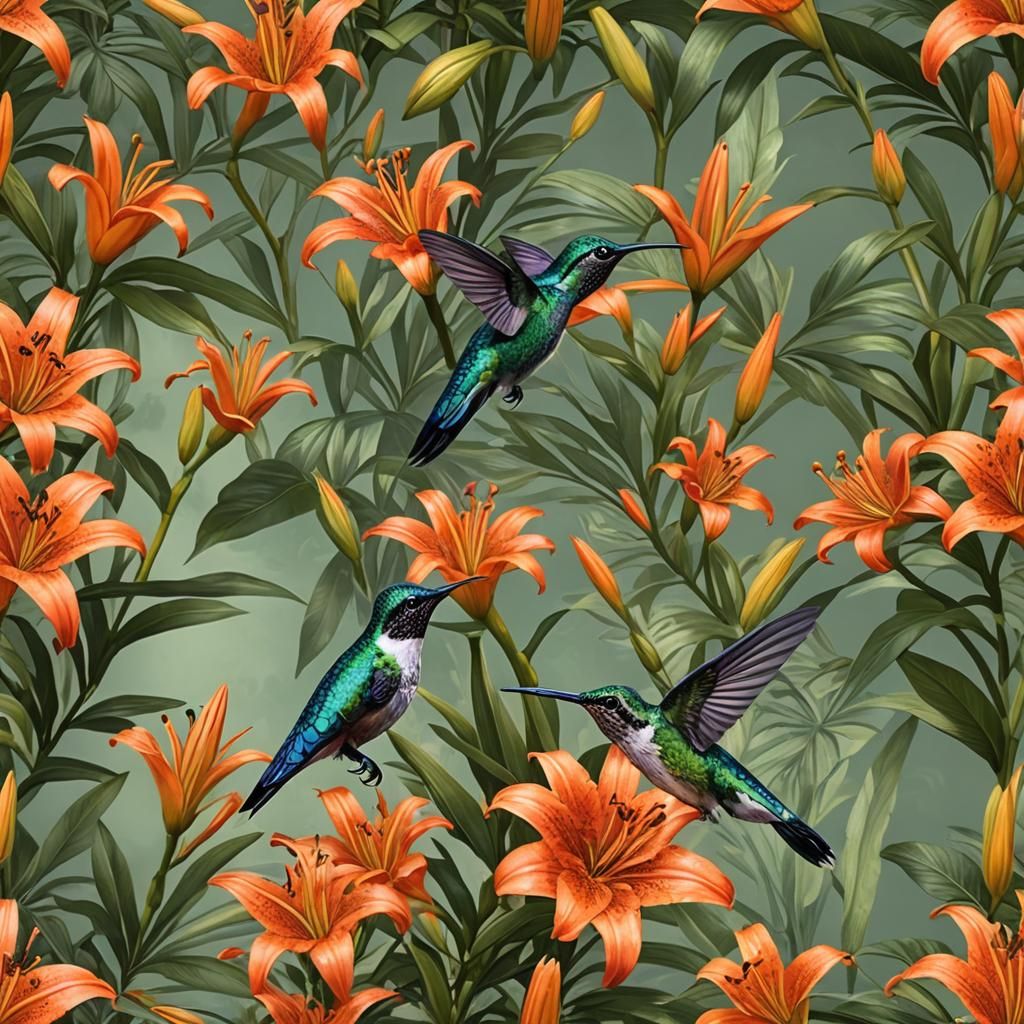 Hummingbird Feeds on Lily in Tropical Garden
