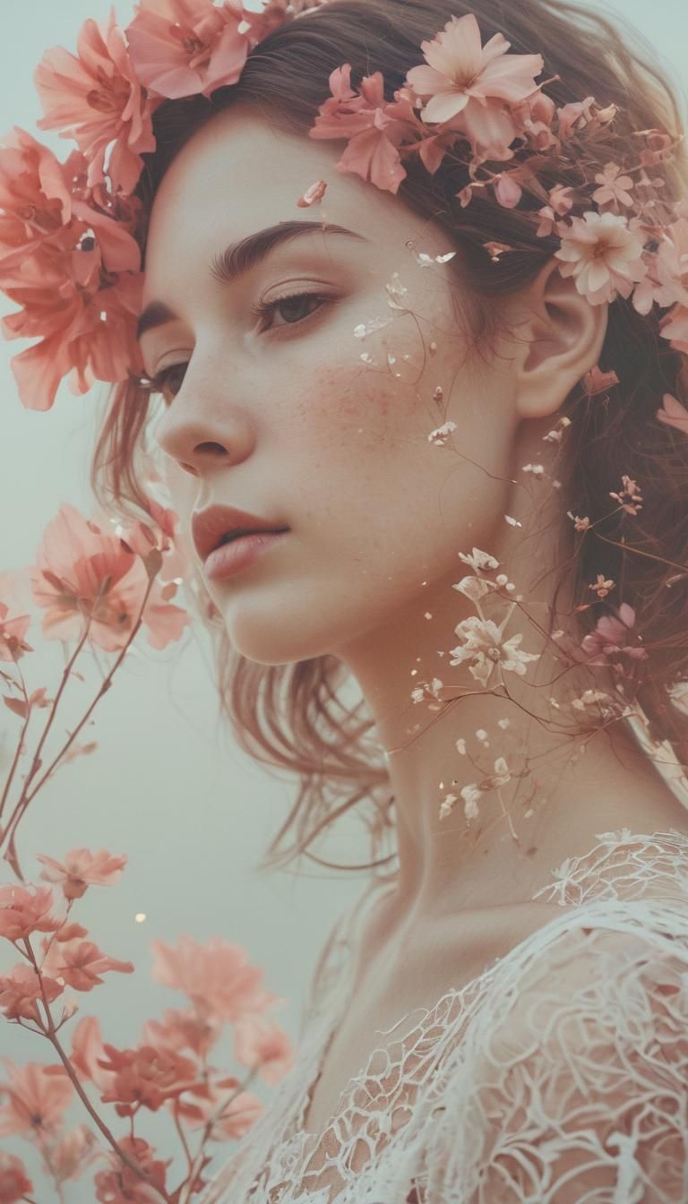 Serene Double Exposure with Flowers in Candy Art Style