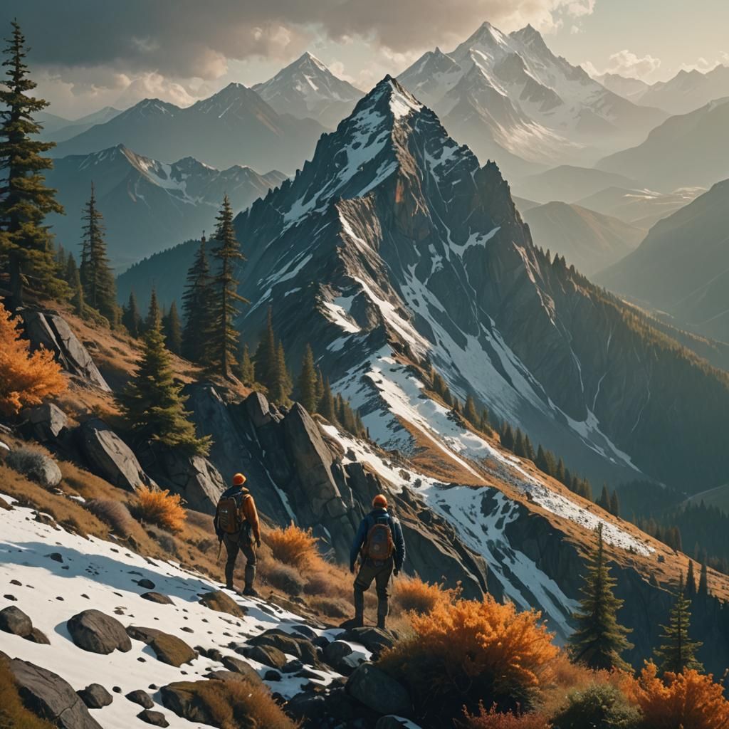 Mountain Landscape with Rangers: Cinematic Film Still