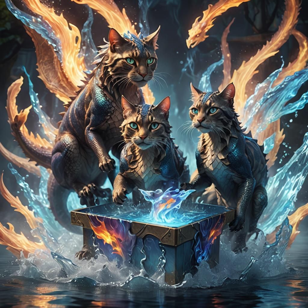 Dragon Cat Goddesses in Water Box, 3D Concept Art