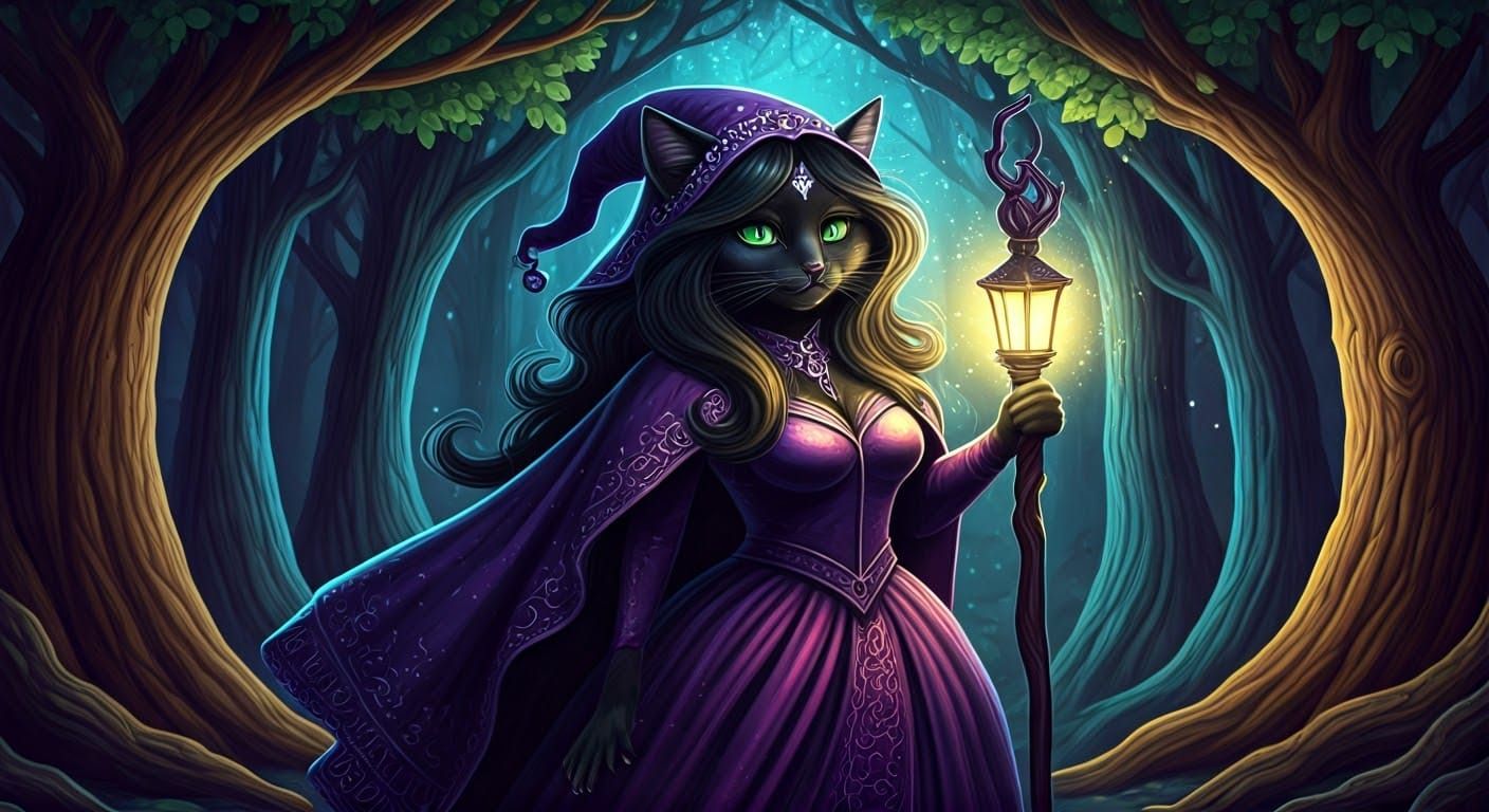 Enchanting Cat Witch in Mystical Forest