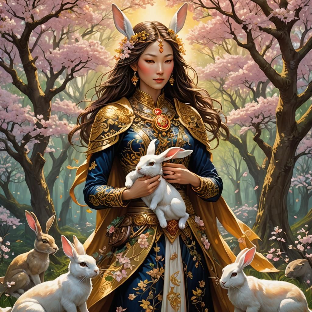 Rabbit Zodiac Heroine in Lush Cherry Blossom Forest