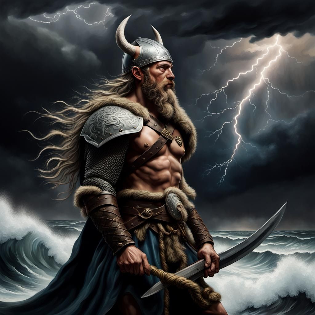 Viking Warrior in Stormy Seas: Oil Painting