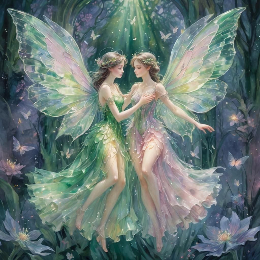 Emerald Glass Fairies in Twilight: Watercolor Concept Art
