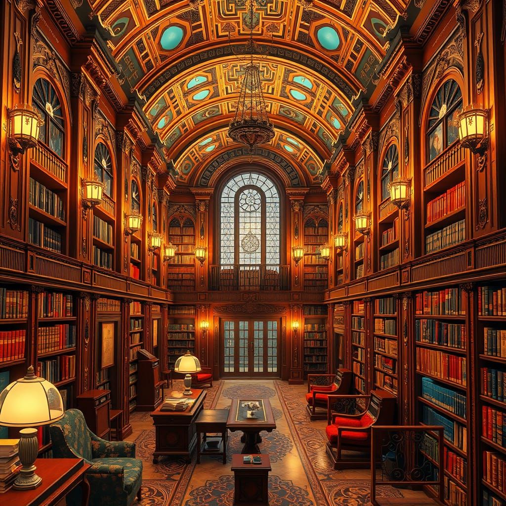 Elegant Art Deco Bookstore with Intricate Wooden Paneling an...