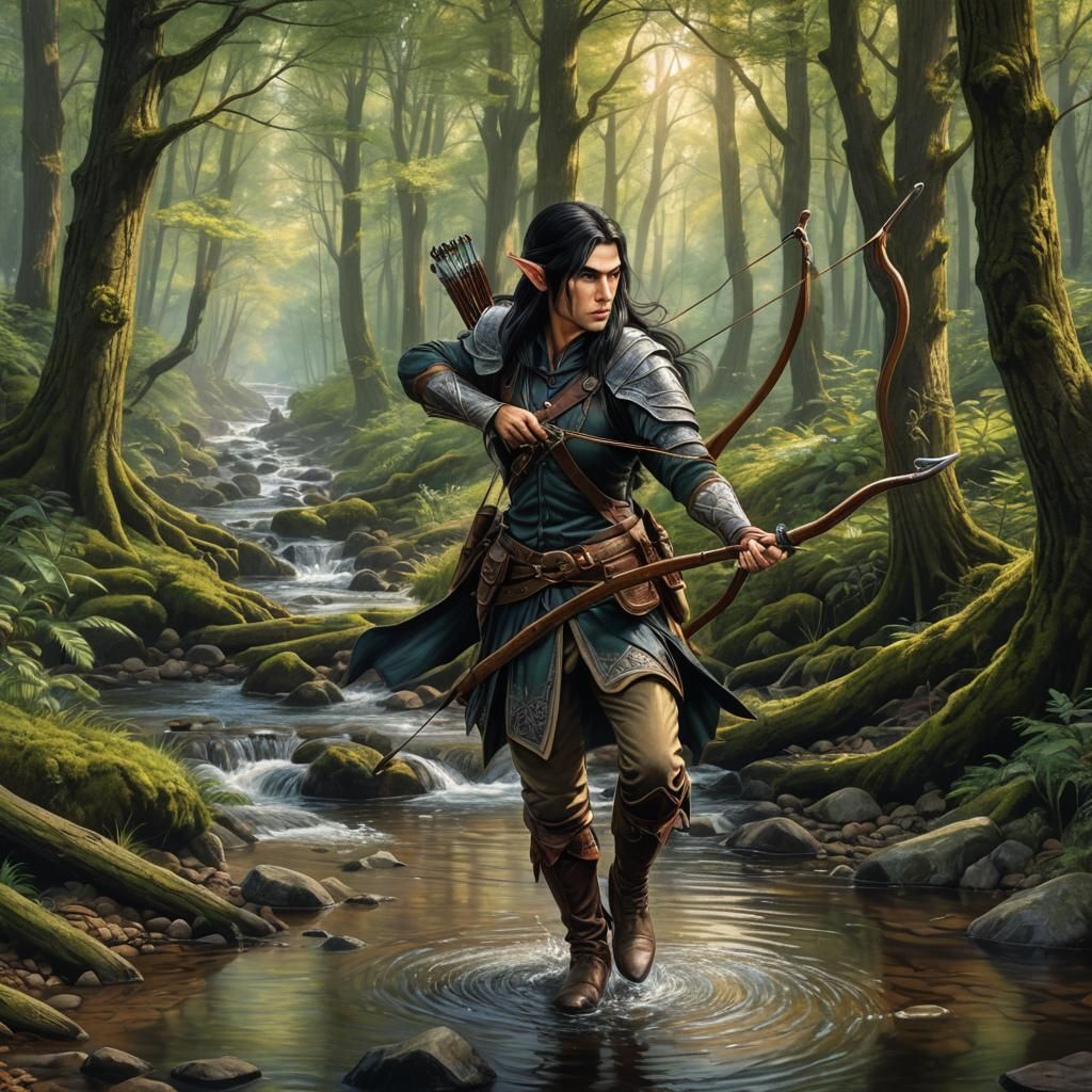 Half-Elf Ranger in Forest, Colored Pencil Drawing