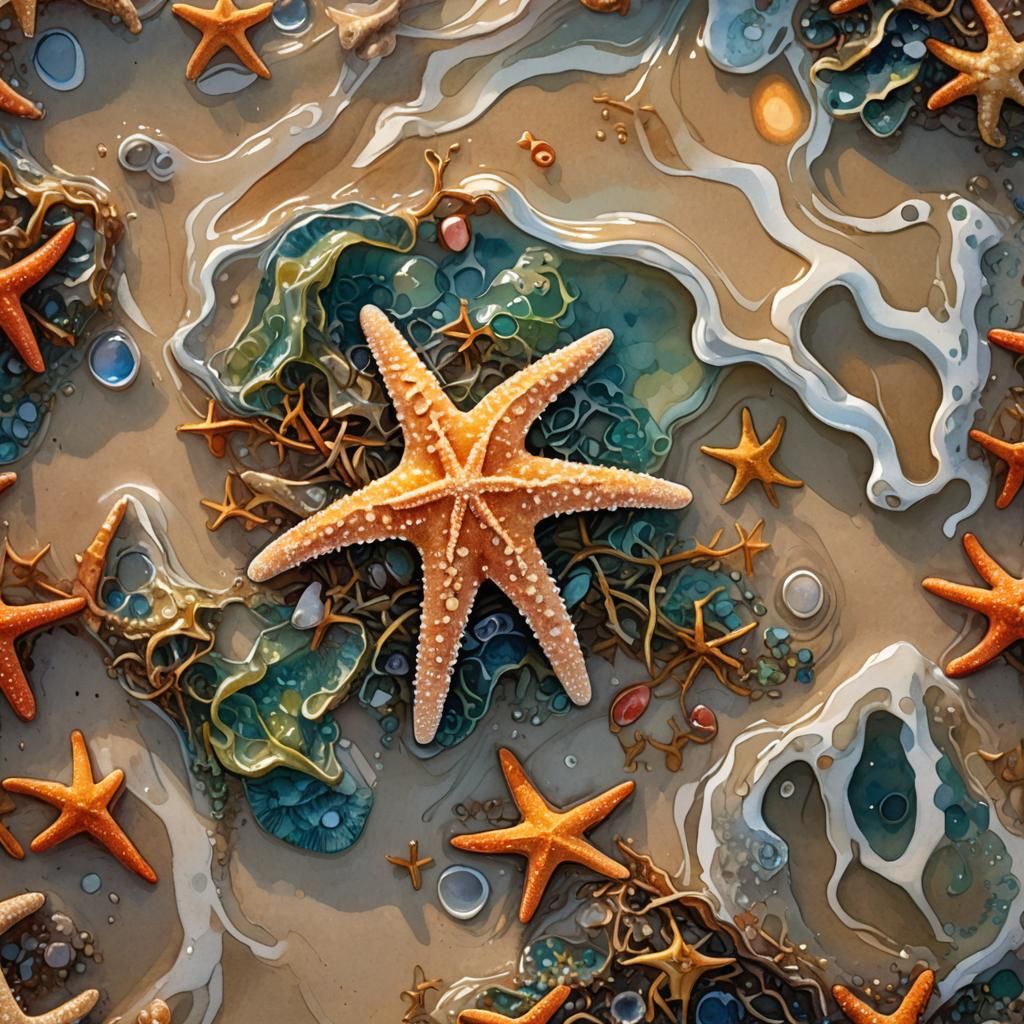 Starfish Fantasy on a Sunset Beach: Watercolor Art