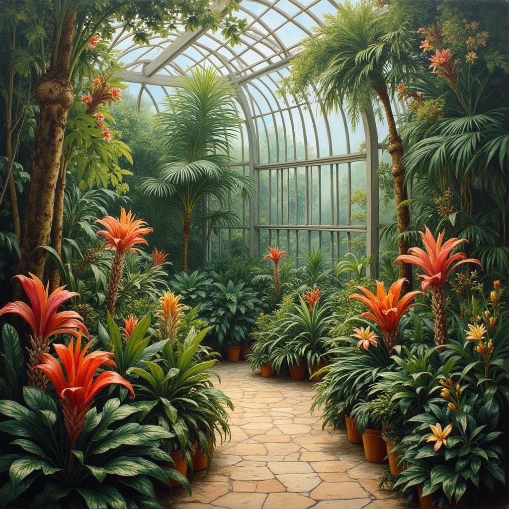 Exotic Plants in Lush Greenhouse: Realism and Impressionism
