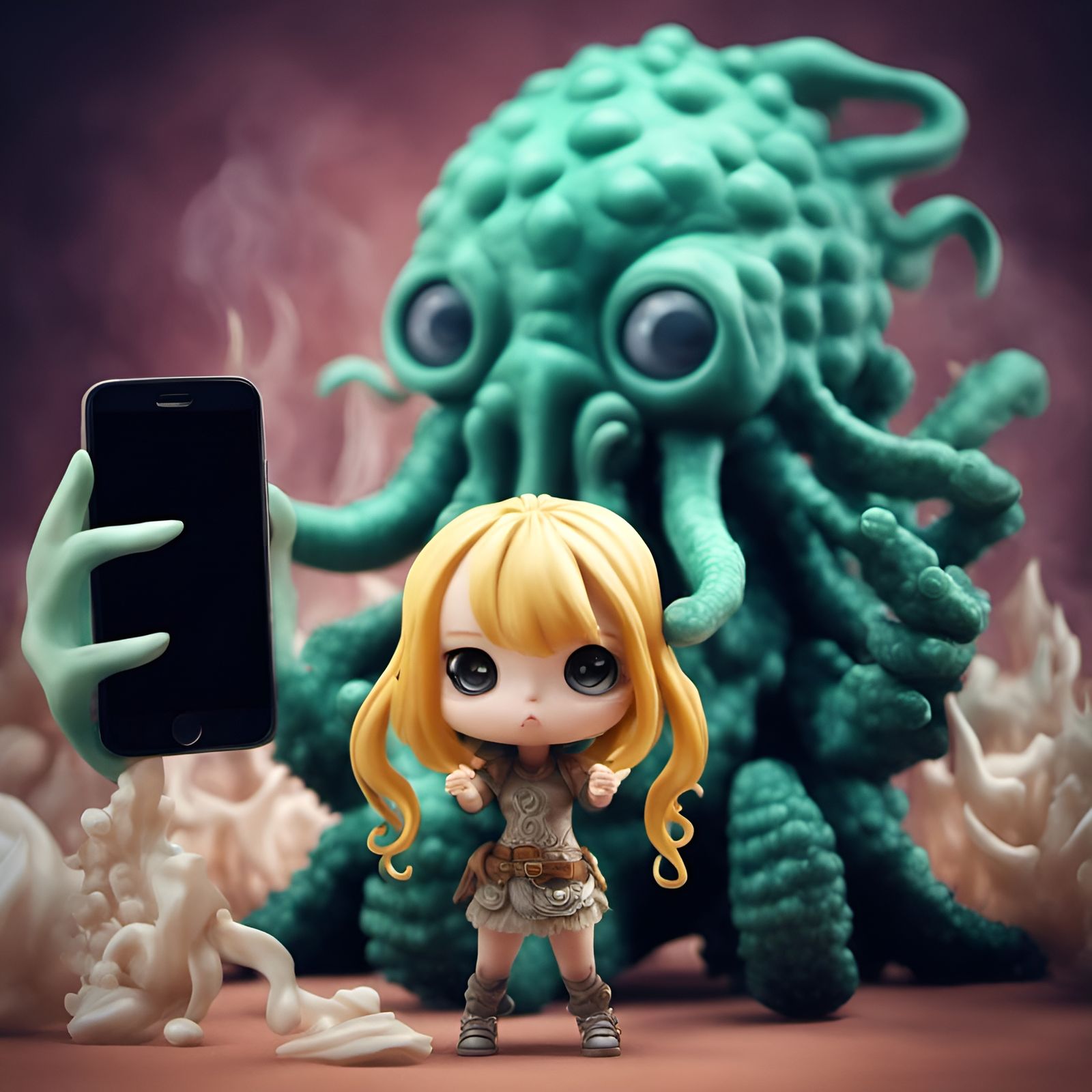 Chibi Warrior Girl's Selfie with Cthulhu