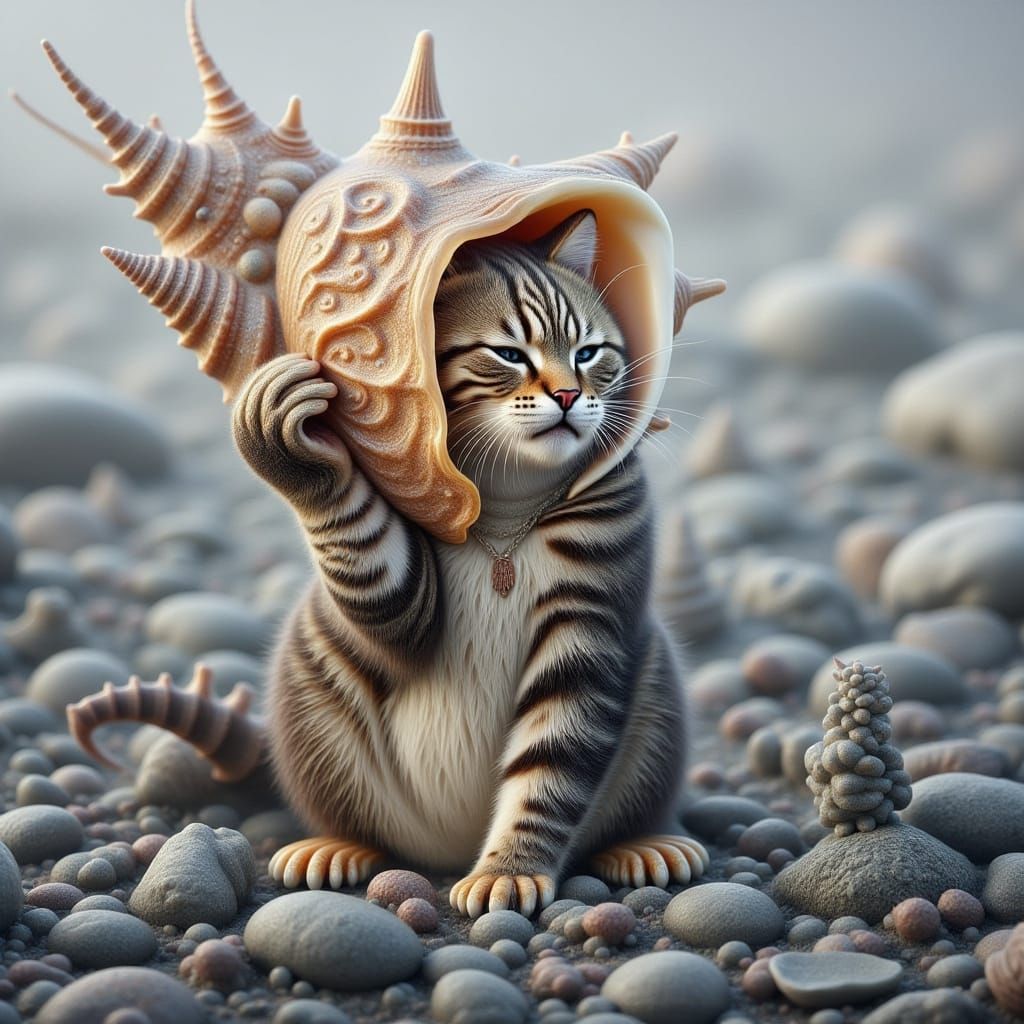 Cat Listening to Seashell on Misty Beach