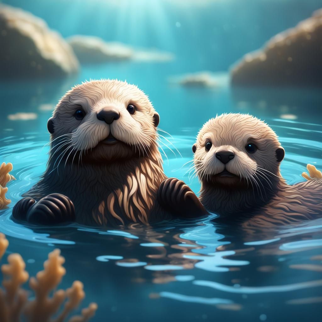 Adorable Baby Sea Otter with Mom: Fantasy Art