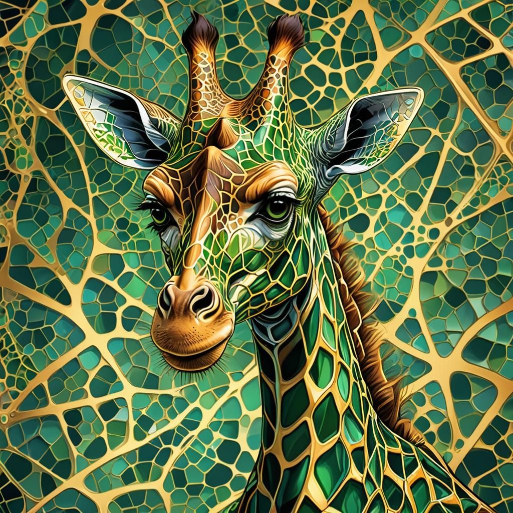 Giraffe with Green Eyes in Abstract Psychedelic Style