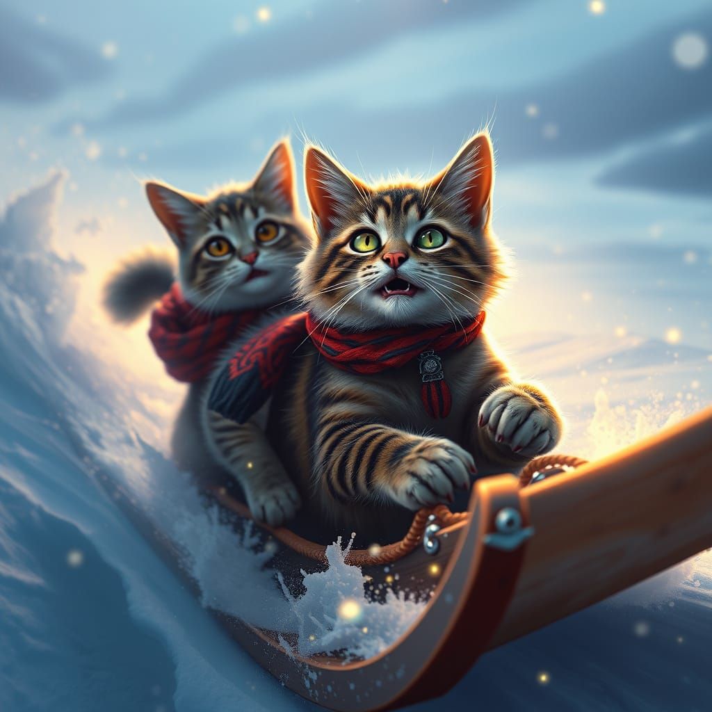 Fantastical Feline Sledder Descends a Mystical Snowy Mountai...