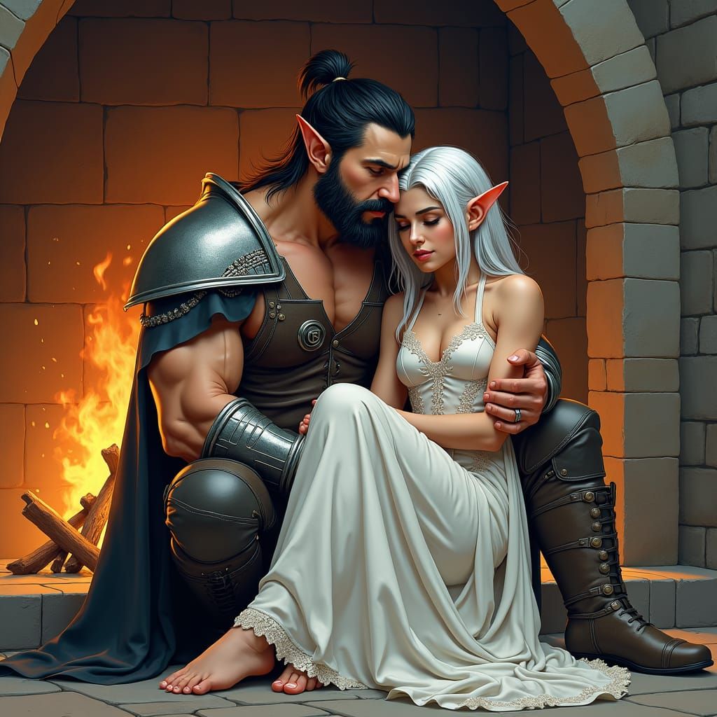Elven Couple in Intimate Embrace, Comic Book Illustration