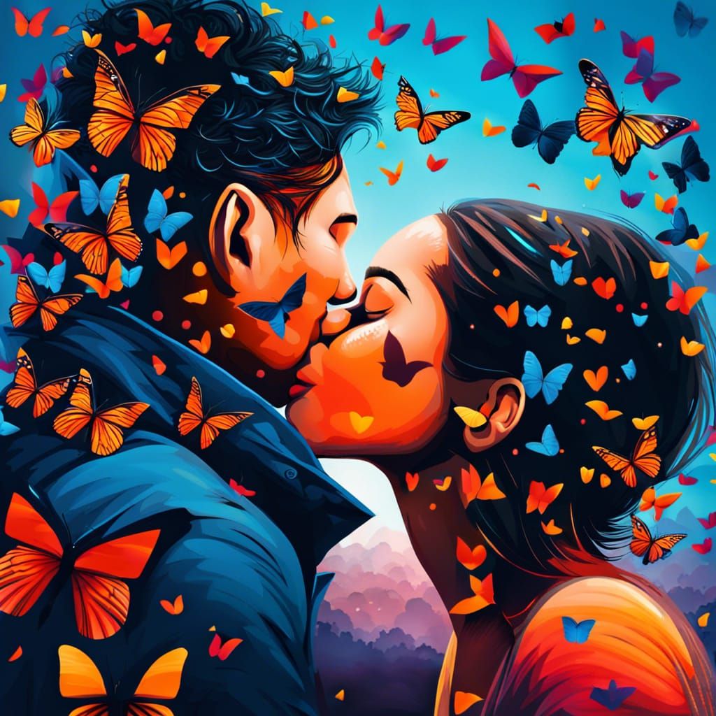 Romantic Kiss Surrounded by Butterflies