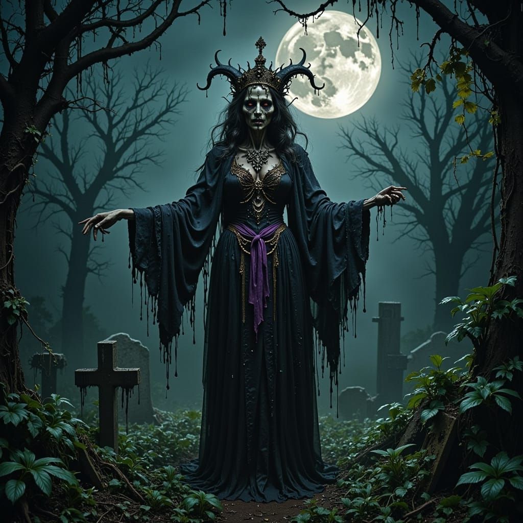 Mysterious Dark Lich Suspended Above a Haunting Overgrown Gr...