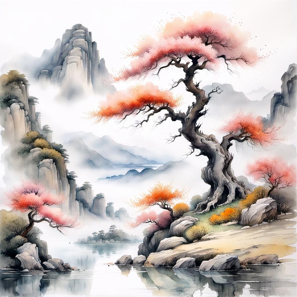 Ancient Tree Watercolor Painting with Ink Accents