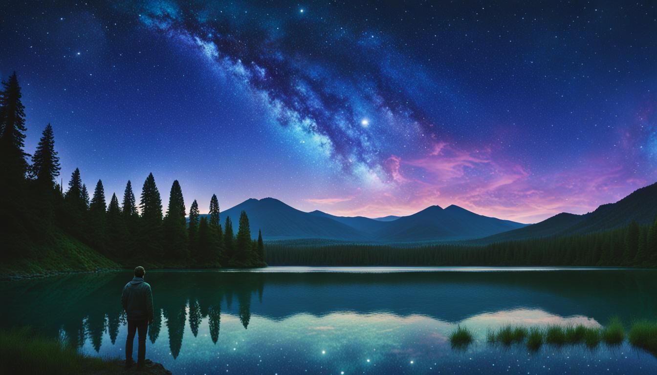 Contemplative Figure at Twilight Lake: Cinematic Film Still