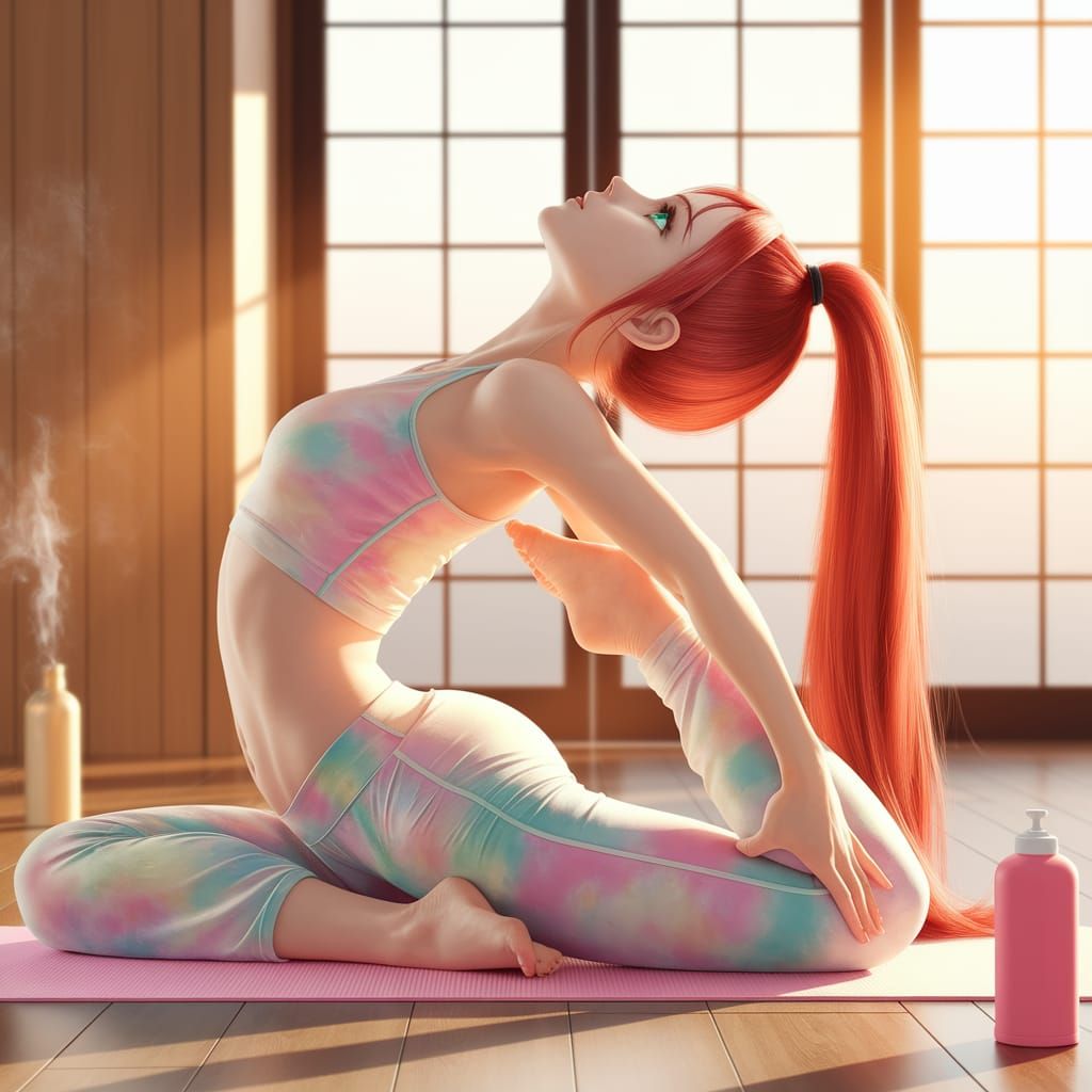 Japanese Woman in Ustrasana Yoga Pose, Watercolor Style