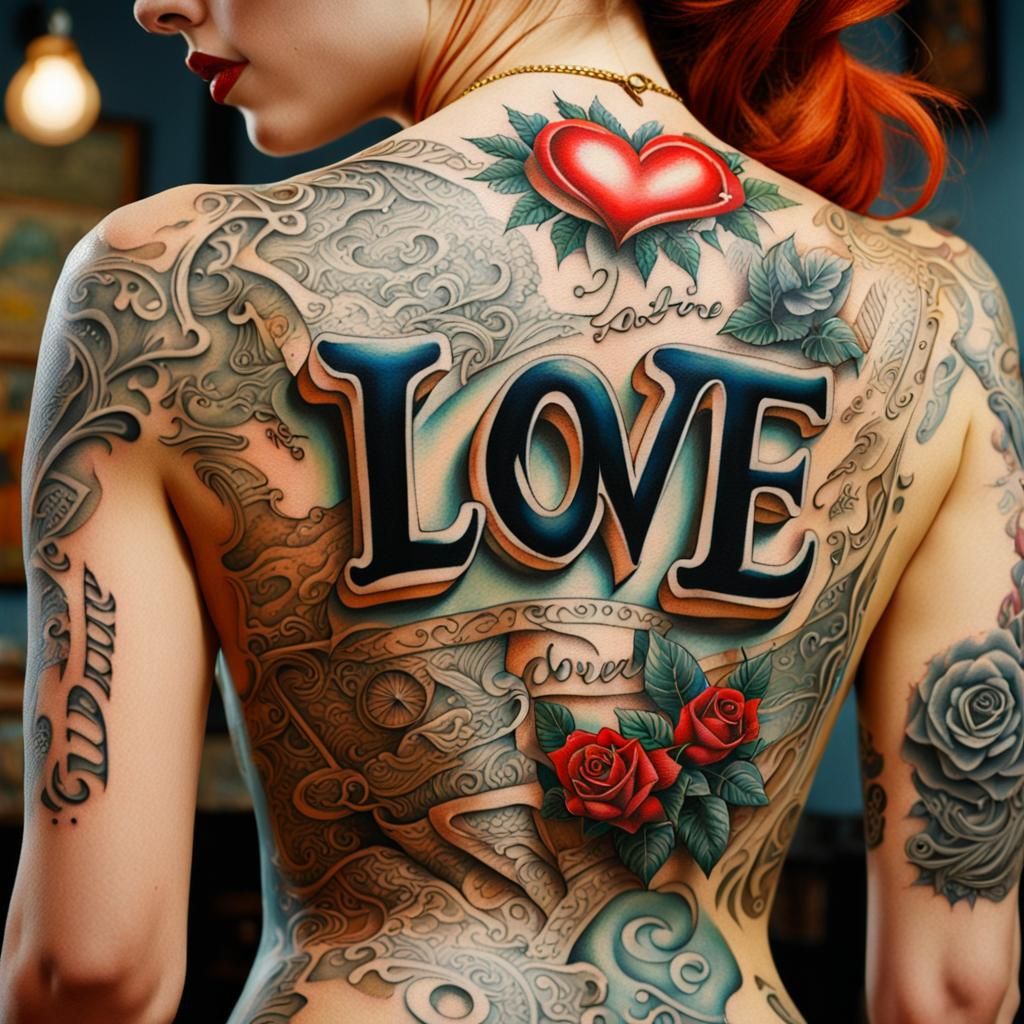 Stylish LOVE Body Tattoo as Oil Painting