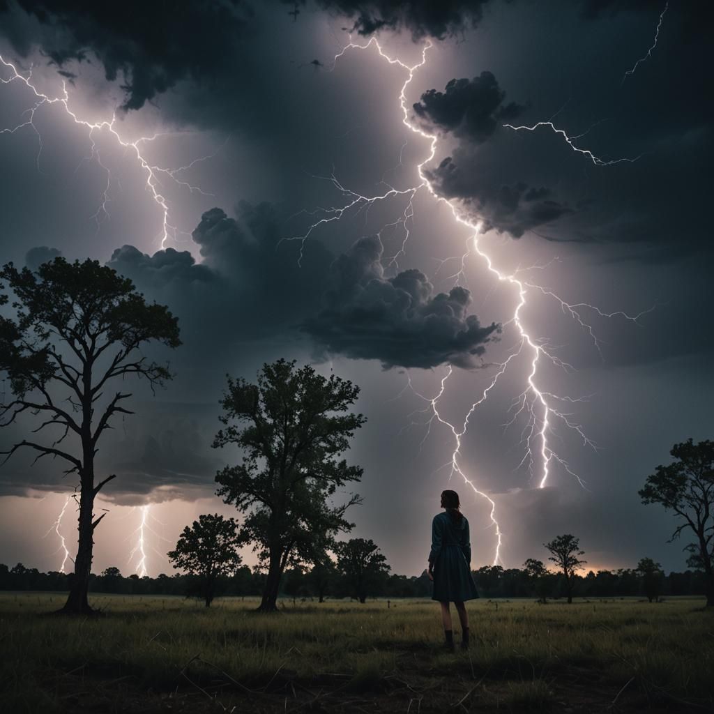 Woman in Storm: Cinematic Lightning Strikes at Night