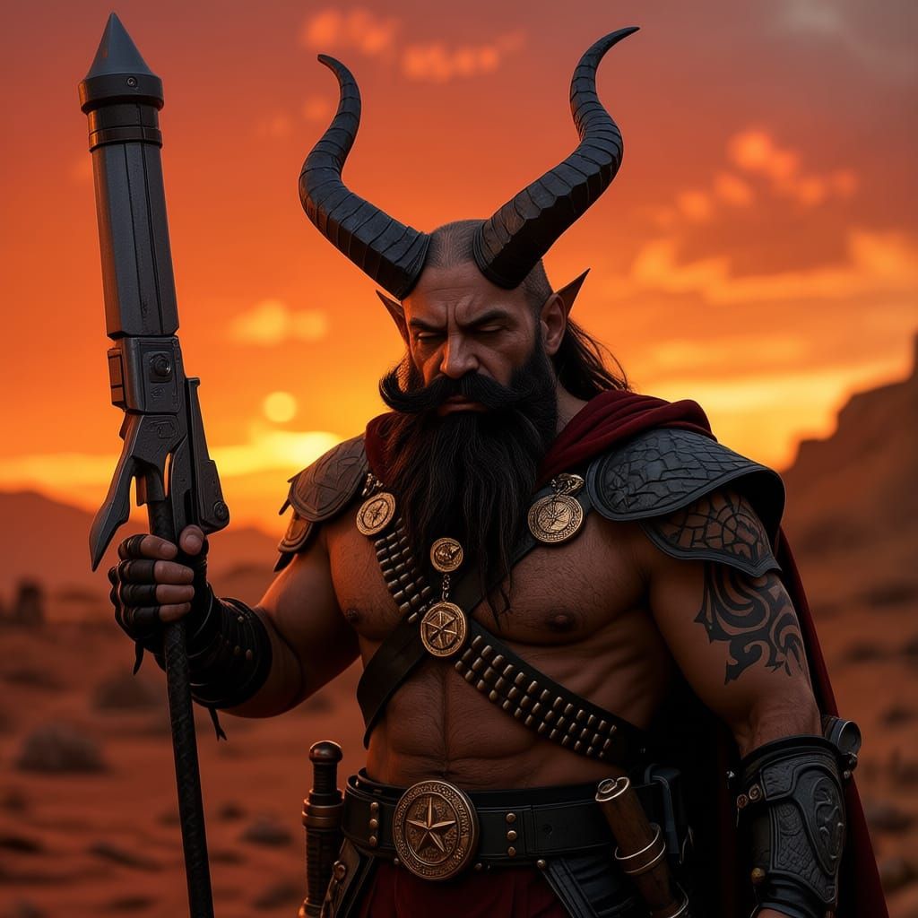 Barbazu Wields Gun-Trident in Fiery Avernus Landscape