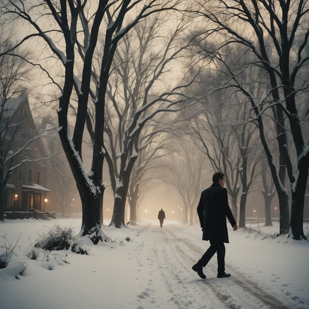Man in Black Suit Walking in Snowy Cinematic Scene