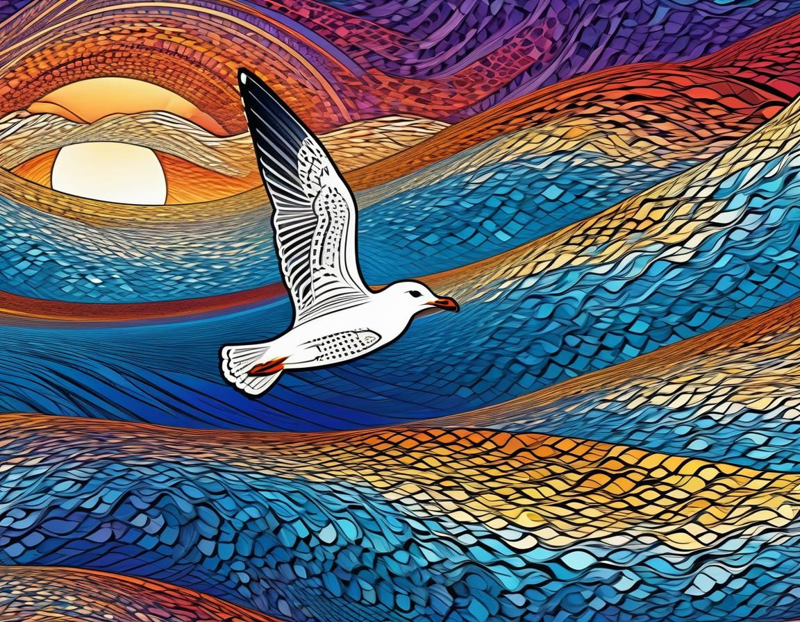 Seagull Sunset with Abstract Vector Fractal Elements